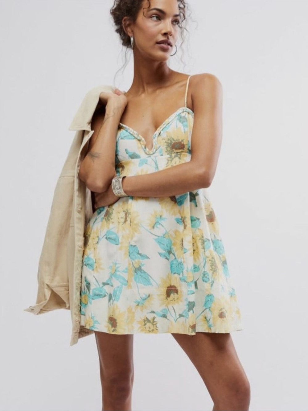 Free People Cream Sunflower Slip Dress with Yellow and Teal Accents